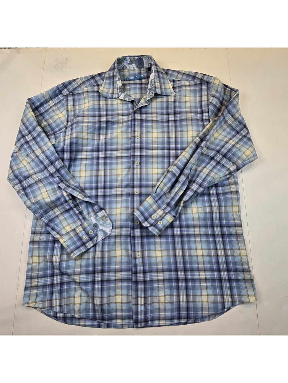 Alan Flusser Button Down Shirt Mens M Blue Plaid Long Sleeve Cotton